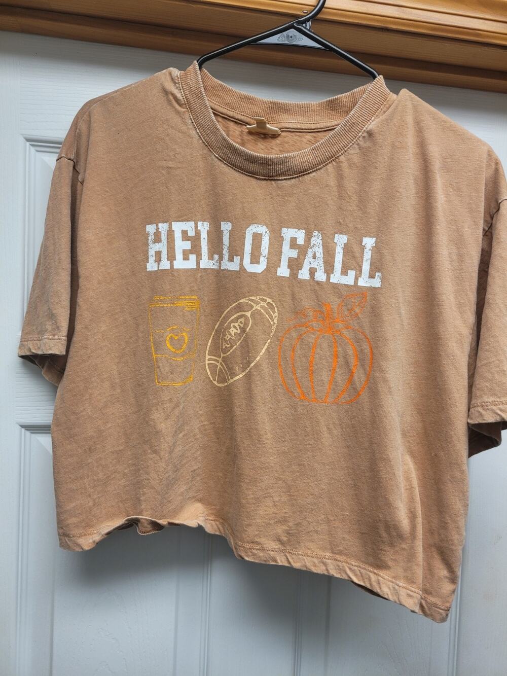 Self Esteem Hello Fall Graphic Crop Top Women's Large Pumpkin Football Coffee